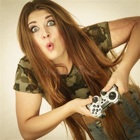 Gamer Woman Holding Gaming Pad Stock Image Image Of Playing Young