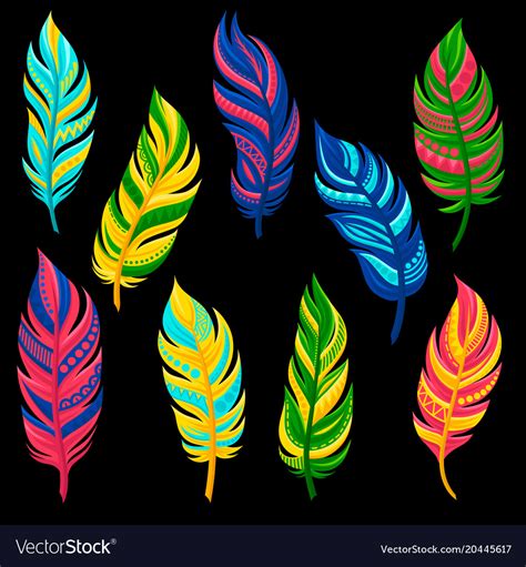 Beautiful Abstract Bright Colored Feathers Set Vector Image