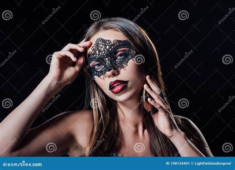 Naked Scary Vampire Girl In Masquerade Mask Touching Face Isolated On
