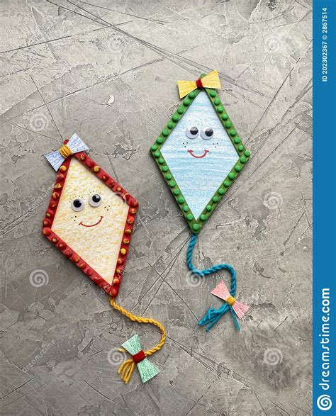 Kids Crafts Paper Kite And Ice Cream Sticks Stock Image Image Of