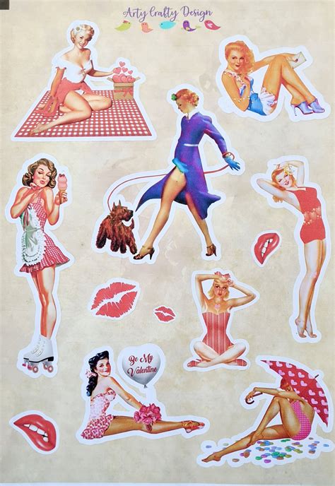 Digital Pin Up Girl Stickers Retro 1950s Sticker Sheet A4 Etsy