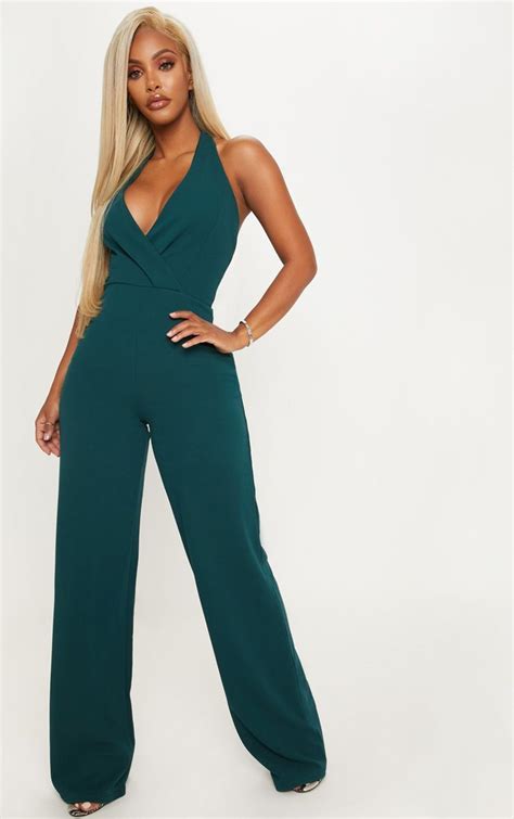 Shape Emerald Green Plunge Halterneck Jumpsuit In 2020 Halter Neck Jumpsuit Jumpsuit Dressy