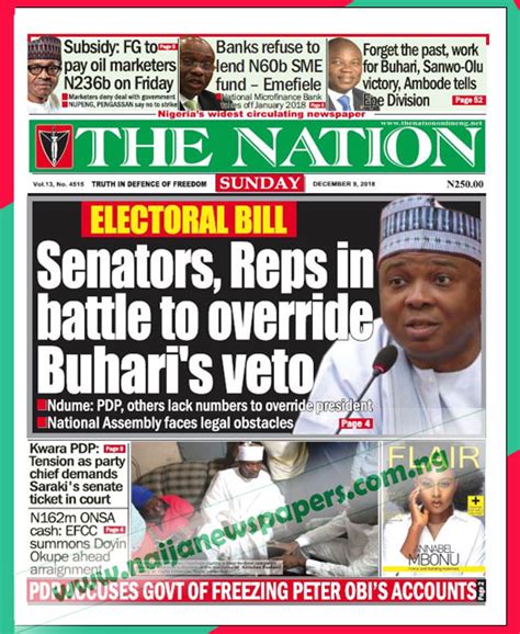 Nigerian Newspapers Front Page Headlines Sunday 9th December 2018