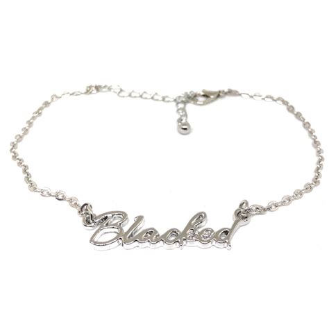 Qos Cursive Letter Blacked Chain Anklets Silver