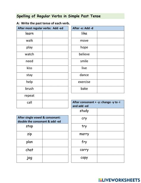 Ejercicio De Spelling Of Regular Verbs In Simple Past Tense Simple