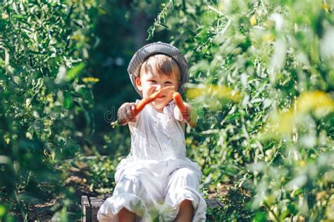 Baby Farmer With Carrots And Cacual Clother Sitting In Green Grass