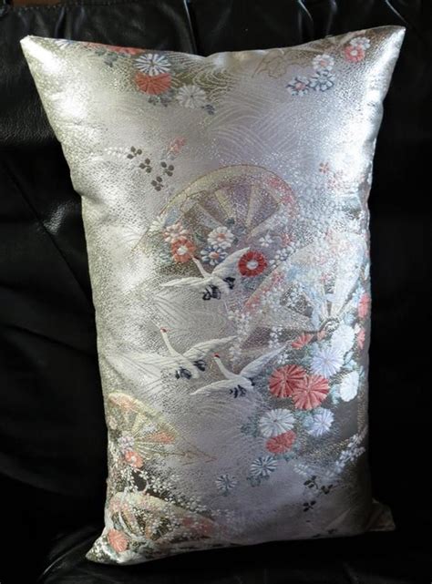 Machine wash in cold water; SILK LUMBAR PILLOWS Obi Art Vintage Japanese Silk Cranes ...