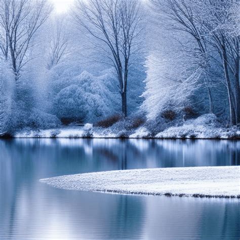 Beautiful Winter Lake Scene With Softly Falling Snow Fantasy Glow