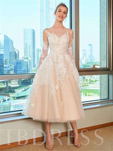 Lace Tea Length Beach Wedding Dress With Long Sleeve Tea Length
