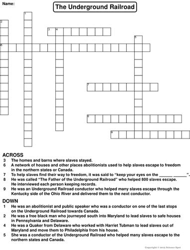 The Underground Railroad Crossword Puzzle Teaching Resources