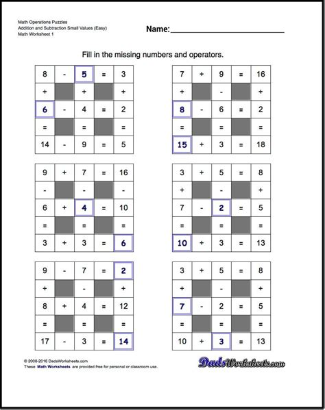 Math Puzzle Worksheets That Require Students To Fill In Missing Values