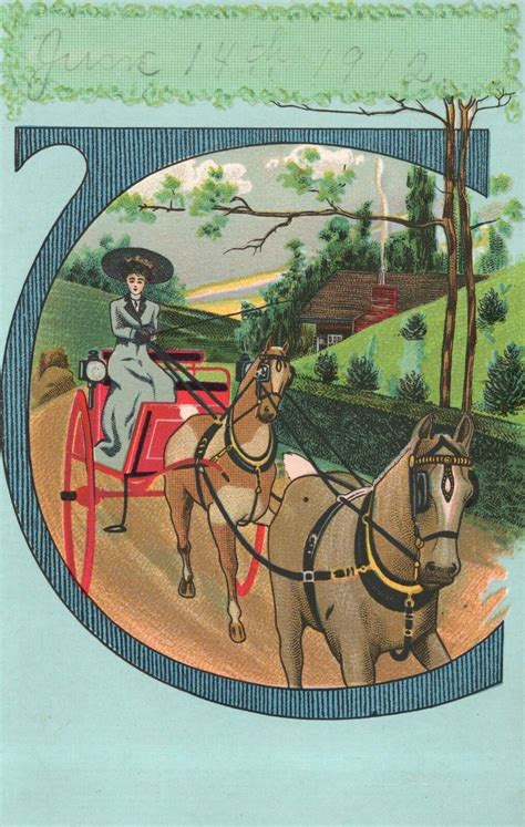 Vintage Postcard 1910s A Lady Riding A Horse Drawn Car In The Middle