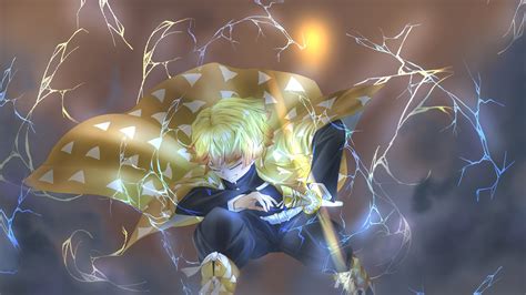 Demon Slayer Zenitsu Agatsuma Having Sword With Background Of Yellow