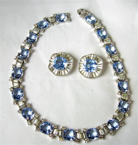 Vintage Signed Jomaz Blue And Clear Crystals Necklace And Earrings At