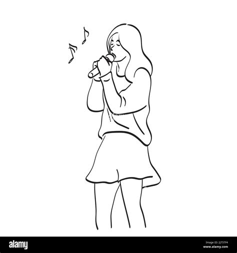 Woman Singing A Song With Microphone Illustration Vector Hand Drawn