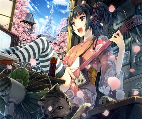 Anime Girls Black Hair Headphones Guitar Thigh Highs Traditional