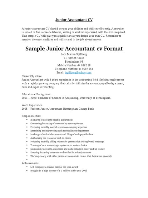 Junior Accountant Cv Recruitment Employment