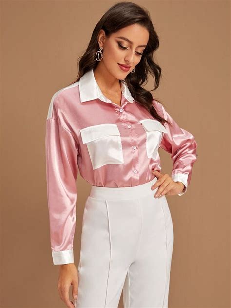 Free Returns Free Shipping On Orders 49 Contrast Flap Pocket Satin Blouse Blouses At Shein