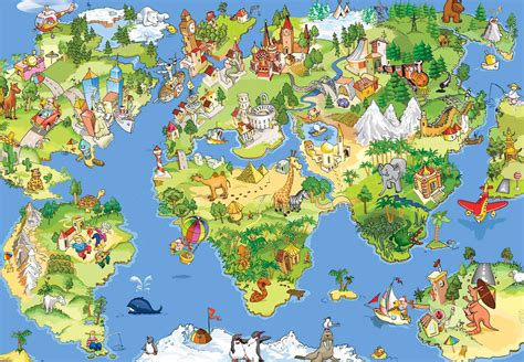 Cartoon World Map With Children Of Famous Scenery Culture Wallpaper