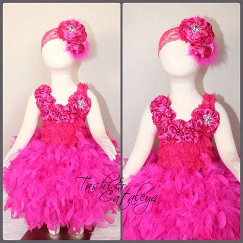 Hot Pink Feather Dress With Satin Flowers And Matching Headband The
