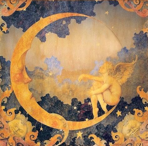 An Artistic Painting Of A Cupid Sitting On The Moon