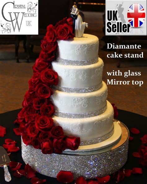 Crystal Diamante Cake Stand Extra Deep 4 Glass Mirror Top Wedding