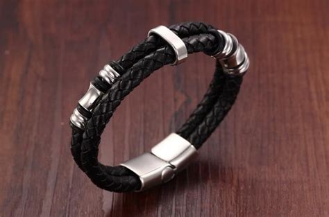 fashion wide mens weave chain wristband stainless steel leather bracelet for men classic