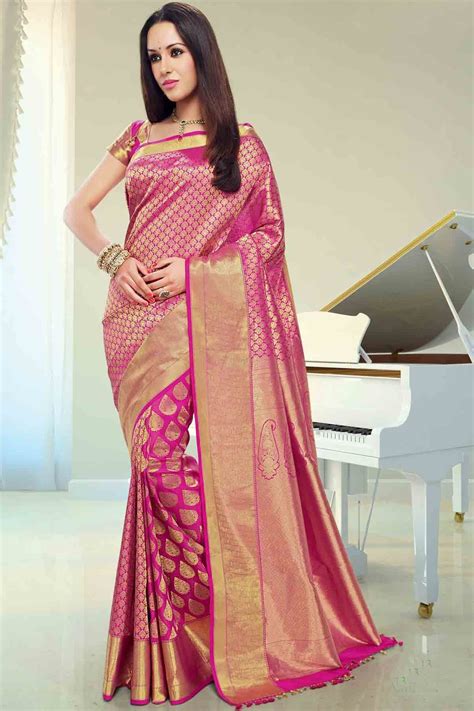 Pink Silk Brocade Zari Weaved Saree In Golden Border Sr6144 Saree Designs Bridal Silk Saree