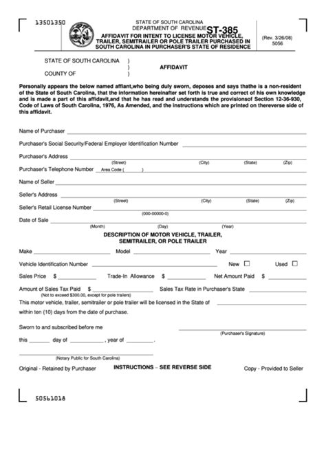 Form St 385 Affidavit For Intent To License Motor Vehicle Trailer