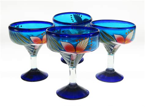 Mexican Margarita Glass 15oz Hand Painted Orchid Set Of Four
