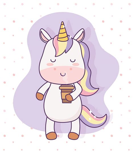 Kawaii Unicorn With Coffee Cup Cartoon Character Magical Fantasy