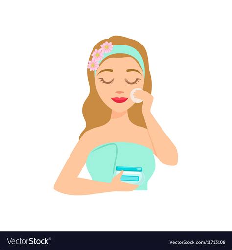 Girl Applying Facial Skincare Product With Cotton Vector Image