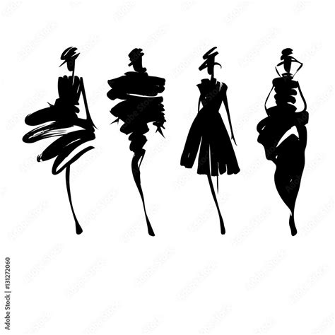 Fashion Models Sketch Hand Drawn Stylized Silhouettes Isolated