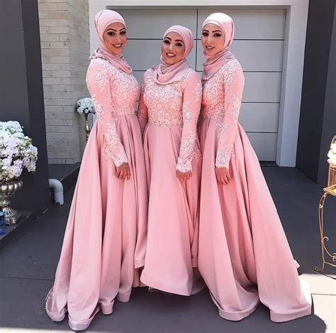 Elegant Pink Long Sleeve Muslim Prom Dress Dubai Kaftan Dress Lace A