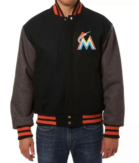 Letterman Mlb Miami Marlins Black And Grey Varsity Wool Jacket