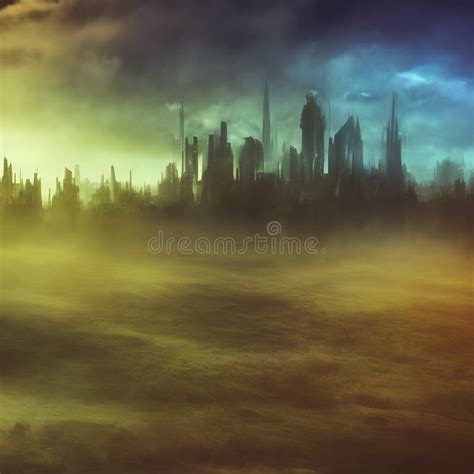 Abstract Fictional Scary Dark Wasteland City Background Deep Green And