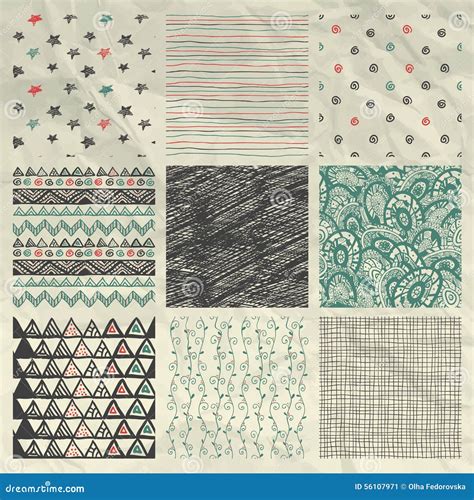 Pen Drawing Seamless Patterns On Crumpled Paper Stock Vector