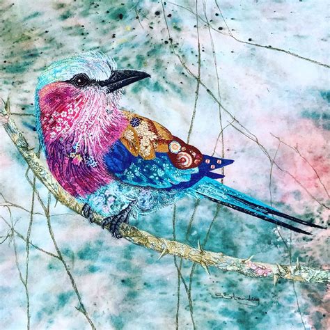 Textile Embroidered Art Lilac Breasted Roller Animal Quilts Bird