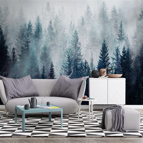 Custom Wallpaper Mural Nordic Style Forest Landscape Bvm Home