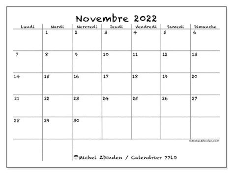 Calendrier “77ld” Novembre 2022 à Imprimer Michel Zbinden Fr
