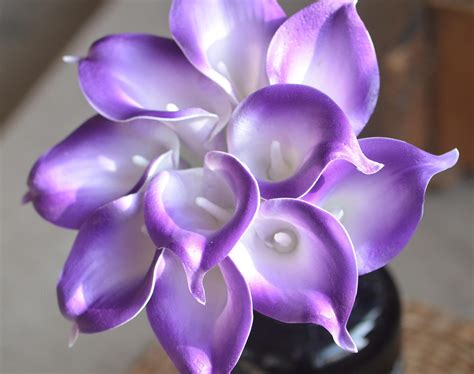 Purple White Calla Lilies Real Touch Flowers Diy Silk Wedding Etsy