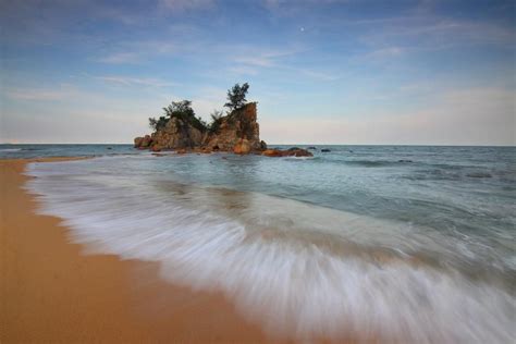 Beach Sand Sea Water Hill Rock Formation Nature Sky Clouds Trees