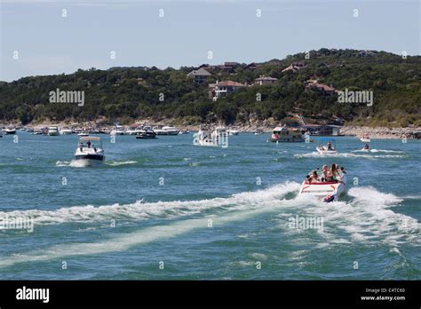 Party Goers In Devils Cove On Lake Travis In Austin Texas Stock Photo