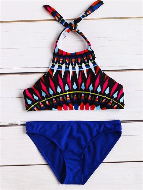 Swimwear By Borntowear Colorful Geometric Print Halter Mix Match Bikini Set Mix Match