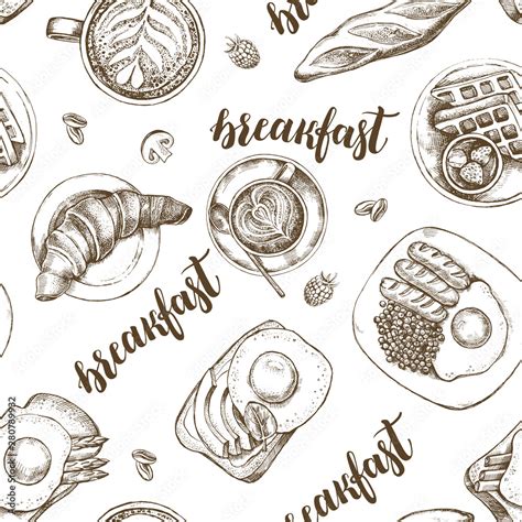 Decorative Seamless Pattern With Ink Hand Drawn Breakfast Dishes