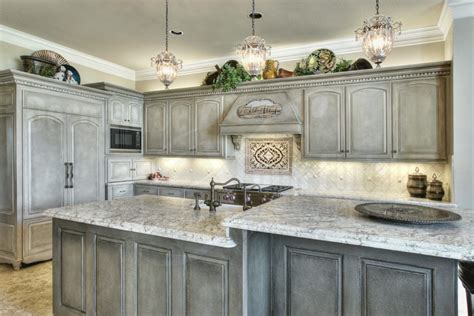 Distressed and antiqued kitchen cabinets. awesome-grey-wood-stainless-vintage-design-grey-kitchen ...