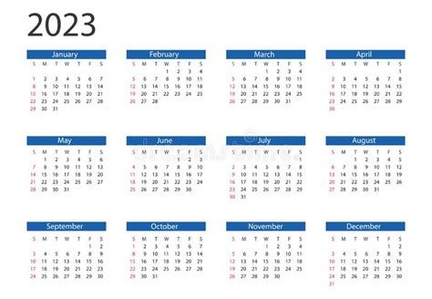 Calendar 2023 Year Vector Illustration The Week Starts On Sunday