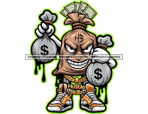Gangster Money Bag Cartoon Character Holding Money Bags Dollar Sneakers