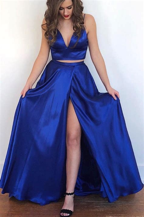 Macloth Straps V Neck Two Piece Royal Blue Prom Dress Formal Evening G