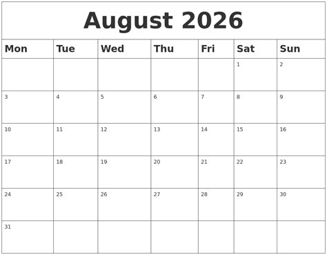 August 2026 Blank Calendar